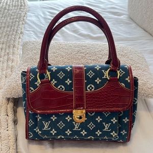 LOUIS VUITTON Monogram Denim bag with red leather crocodile trim!
